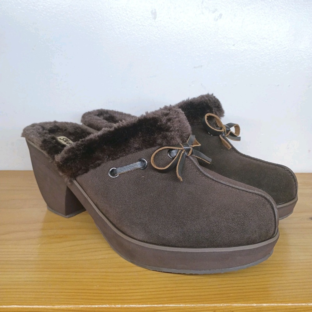 Skechers Brown Leather Y2K Faux Fur Trim Slim On Mule Clogs Women's Size 10
